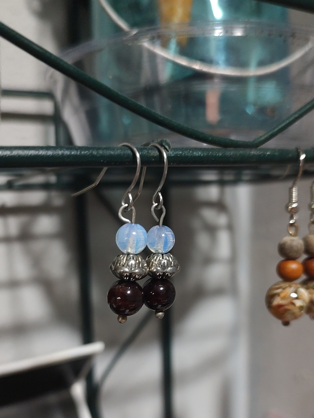 Sterling Silver Lotus Opalite and Garnet Drop Earrings